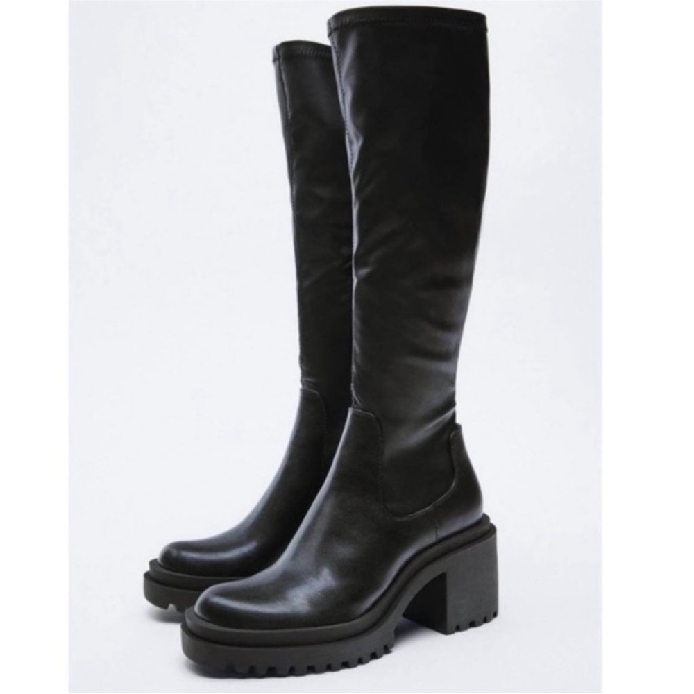 NWT Zara black knee high boots platform chunky sole, stretchy boots
